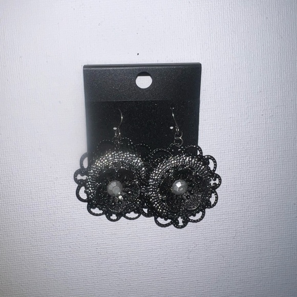 Ornate Filigree Flower Dangle Earrings Round Rhinestone Boho Statement - Picture 2 of 3